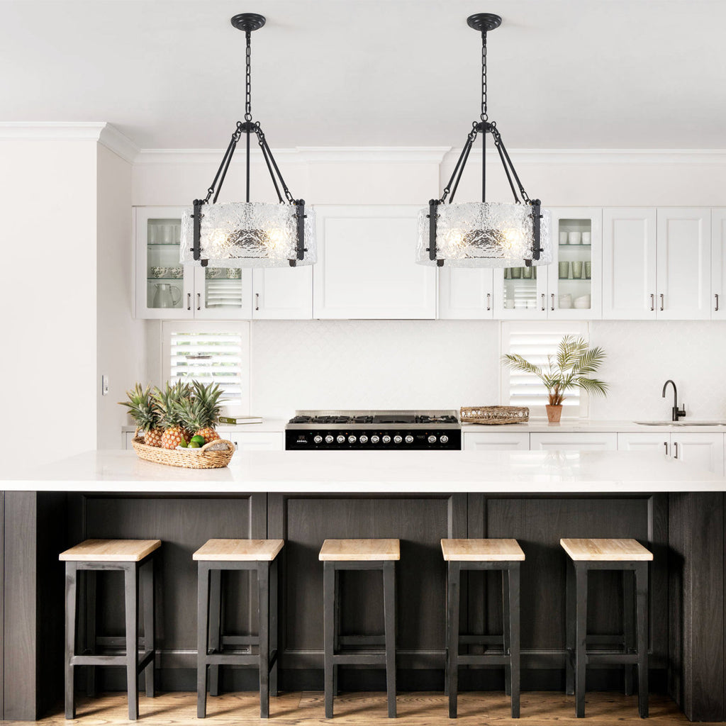4-Light 20 inch Dimmable Modern Black Drum Chandelier With Ripple Glass Shade
