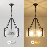 4-Light 20 inch Dimmable Modern Black Drum Chandelier With Ripple Glass Shade