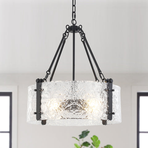 4-Light 20 inch Dimmable Modern Black Drum Chandelier With Ripple Glass Shade