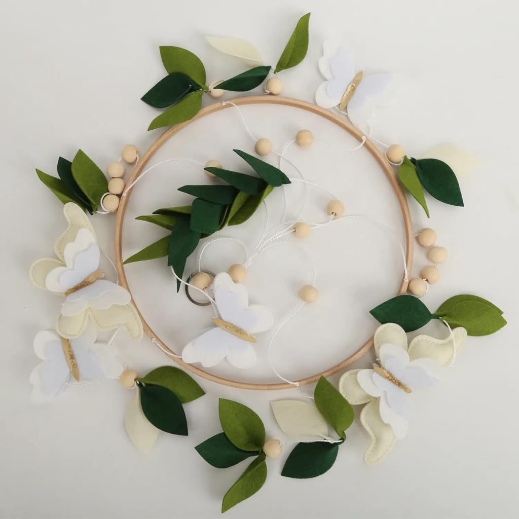 Butterfly Mobile for Crib - A Beautiful Neutral Butterfly Crib Mobile with Green Leaves, White and Gold Detail
