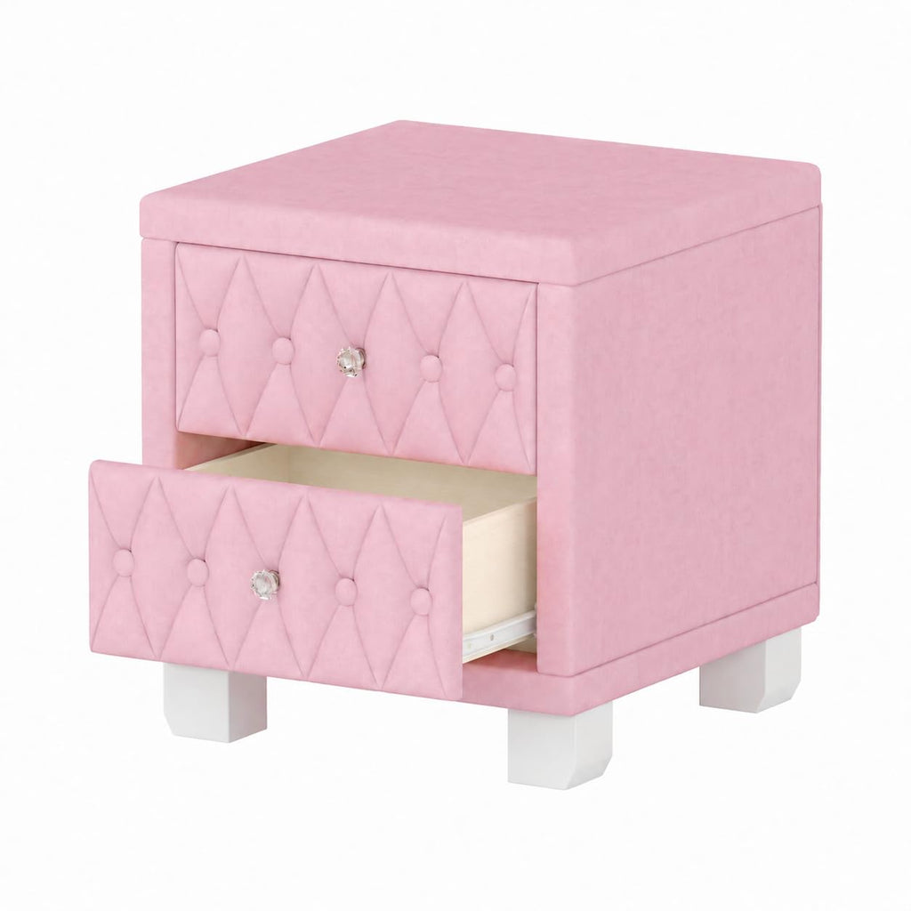Velvet Nightstand with 2 Storage Drawers and Crystal Handle, Button Tufted End Table, Pink