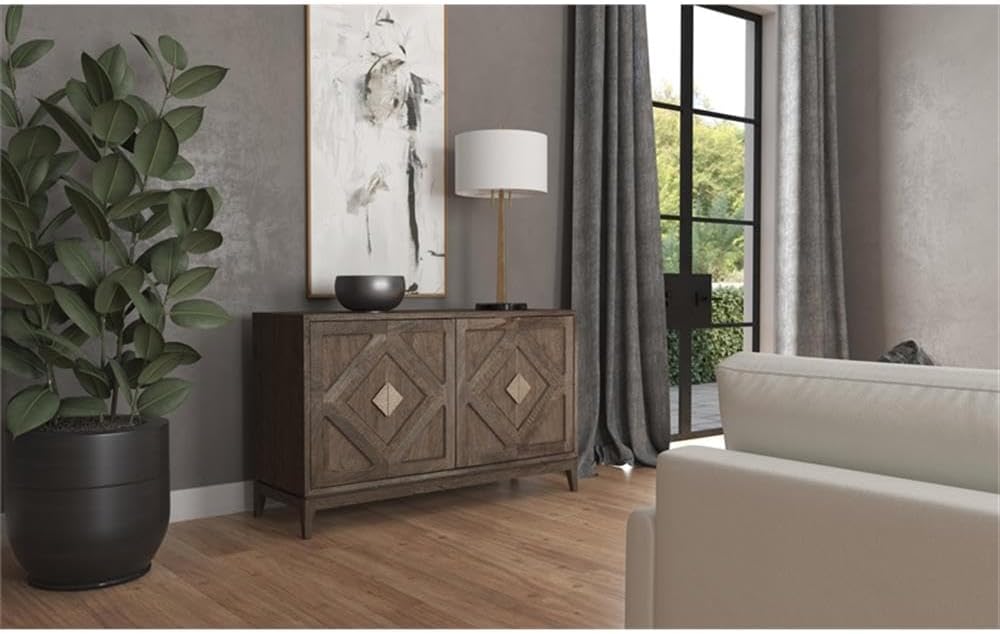 4 Door Mango Wood Accent Chest, Medium Brown Finish, Carved Diamond Pattern, Hammered Pewter Hardware, Rustic Storage