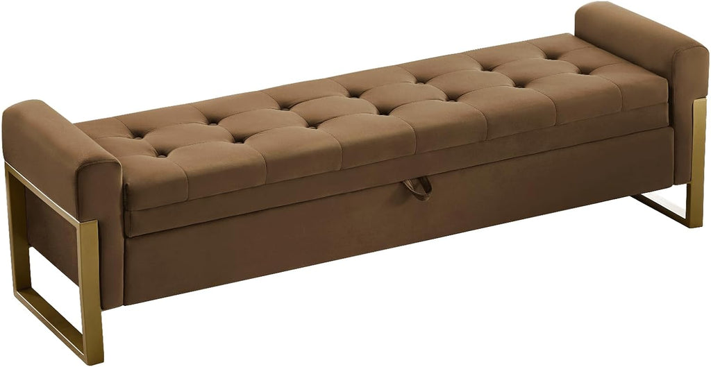 67" Storage Bench , End of Bed Bench King Size, Brown | Upholstered Velvet Storage Ottoman Bench with Golden Legs