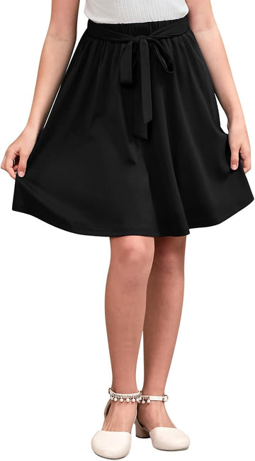 Girls Tie Belt A-Line Flared Skirt Pockets