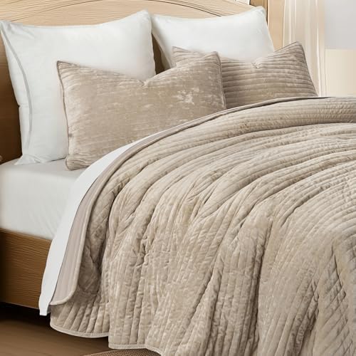 Stripe Channel Velvet Quilt Set, Beige Taupe – Luxury Plush Bedspread Coverlet with 2 Shams
