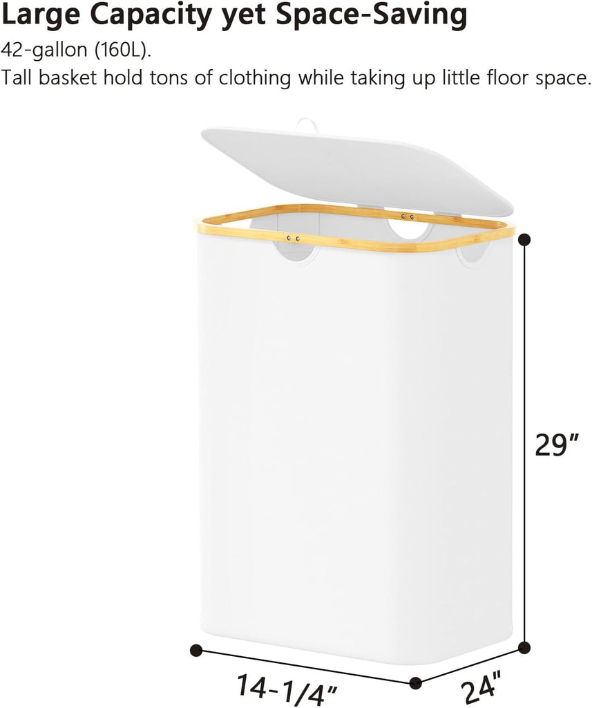 Double Laundry Hamper 2 Section with Lid and Removable Laundry Bags, 160L Clothes Basket with Bamboo Handles, Large