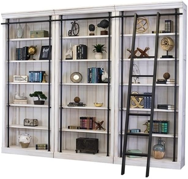 120" 3-Section Bookcase Wall, Solid Wood, Aged White Finish, Rolling Ladder, 5 Adjustable Shelves Per Section, French