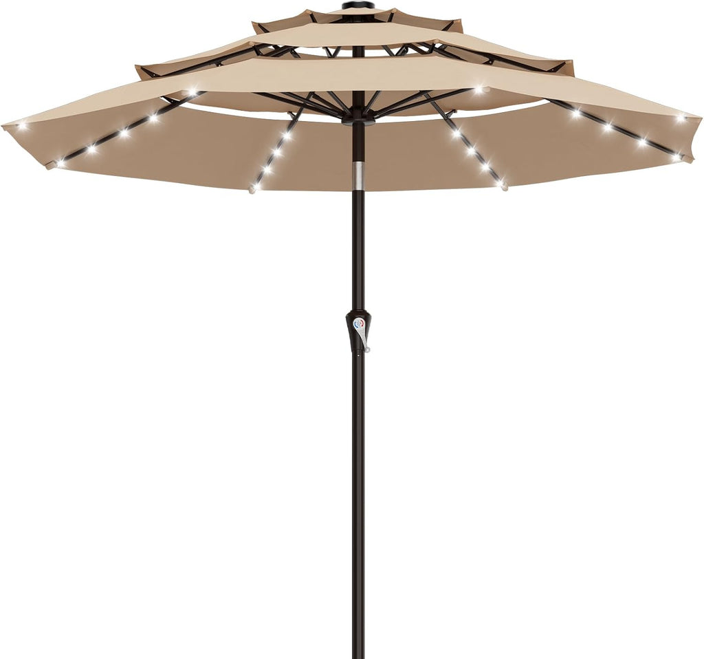 9ft 3 Tiers Patio Umbrella with Solar Lights, Outdoor Umbrella w/ 32 LED Lights&8 Sturdy Ribs