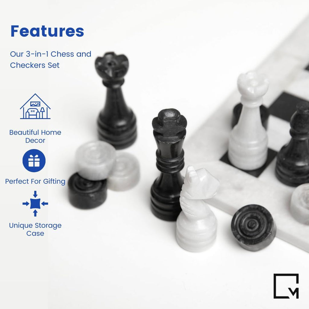 Marble Chess and Checkers Set - Luxury Tabletop Game and Coffee Table Decor - Elegant 3-in-1 Marble Game for Room - Set of 56