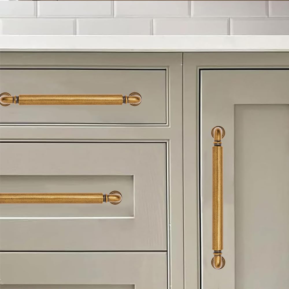 2-Pack Antique Brass Heavy-Duty Solid Cabinet Pulls, 3 Inch (76mm) Hole Center, Vintage Brass Drawer Pulls, Cabinet