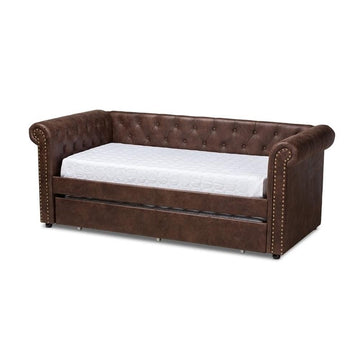 Mabelle Faux Leather and Wood Twin Daybed with Trundle in Brown