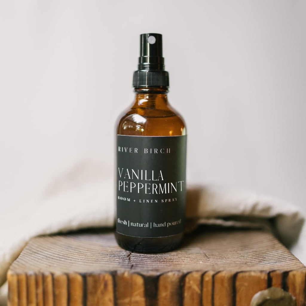 Birch Vanilla Peppermint Scented Linen and Room Spray | Home Fragrance | 4 oz Glass Amber Bottle | Luxury Signature