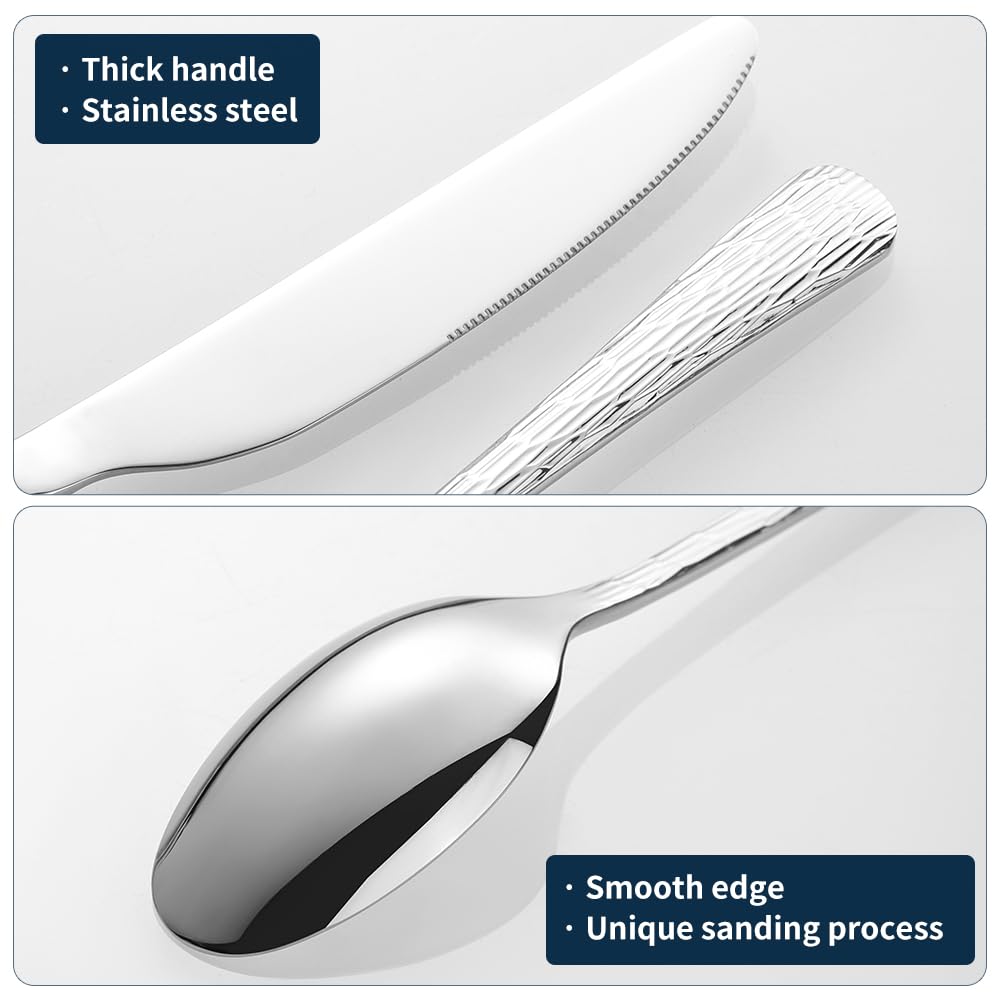 Black Hammered Silverware Set, Heavy Duty Flatware Set, 18/10 Stainless Steel Premium Cutlery with Unique Ripple