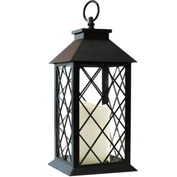 Zeal 13.5" Black Vintage Candle Lantern with LED Pillar Candle and Timer - IP44 Waterproof Porch Light - Tabletop