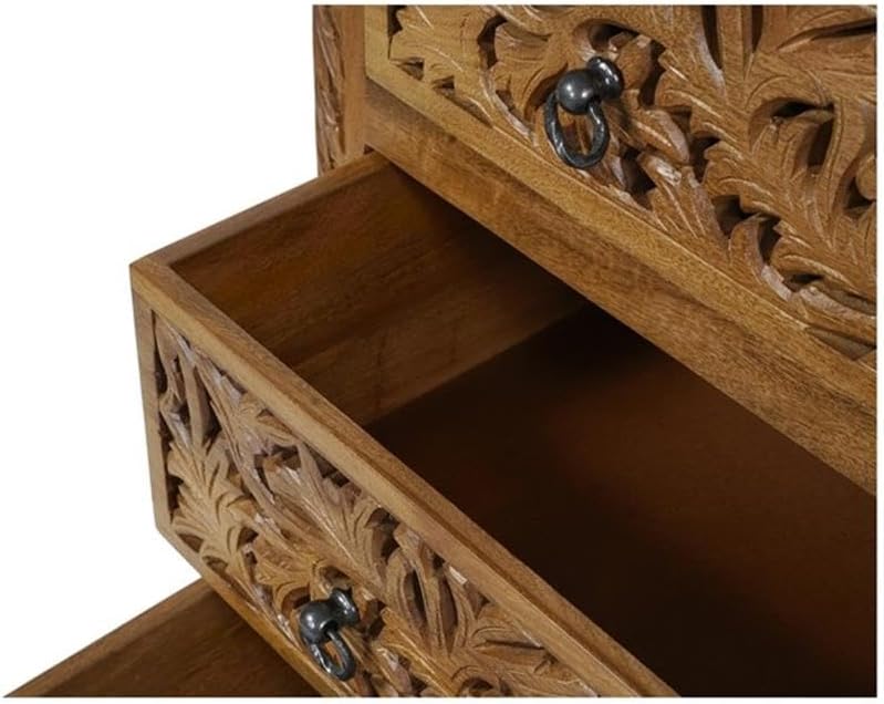 Solid Mango Wood 6-Drawer Tall Chest, 54 Inch, Brown Finish, Floral Carved Accents, Space-Saving Vertical Design