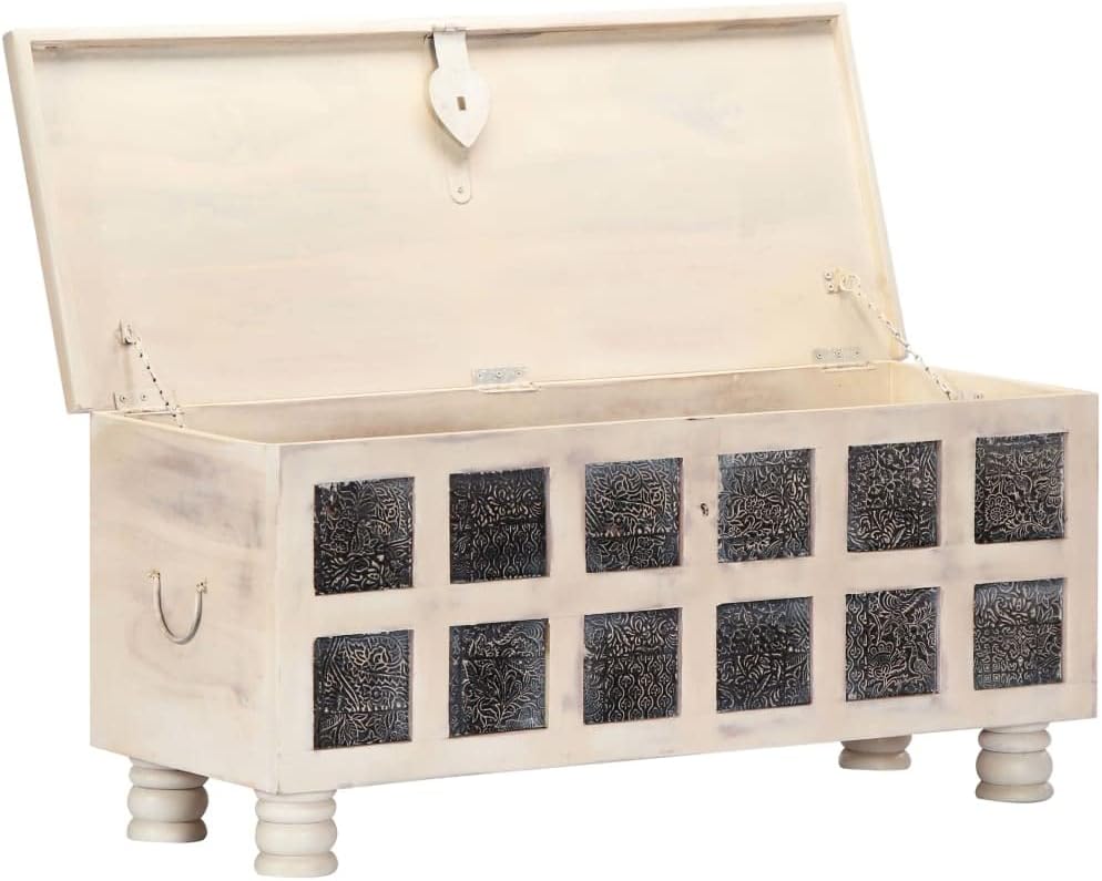 Wooden Storage Chest 43.3 inch, White Acacia Wood Trunk with Carved Panels, Large Decorative Blanket Storage Box