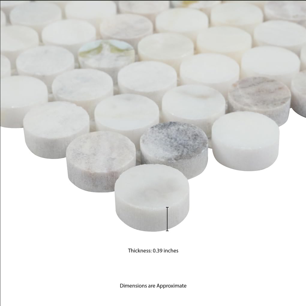 HTC359 Alpine Sheen Polished Marble Penny Round Mosaic Tile Wall, Shower Floor, Kitchen Backsplash, Accent Decor (Box
