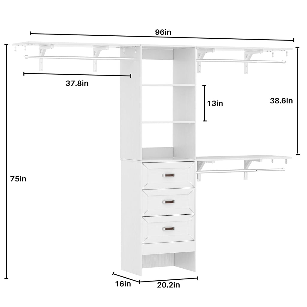 8FT Closet System with 3 Curved Drawers, 96'' Wooden Walk-in Closet Organizer with 3 Top Shelves, Adjustable