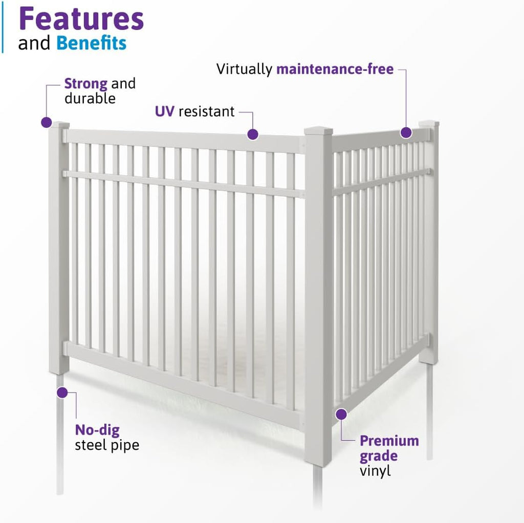 Windsor Pool Fence, White Vinyl No Dig DIY Kit | 5ft H x 6ft W, 1 Panel x 1 Post, BL19107