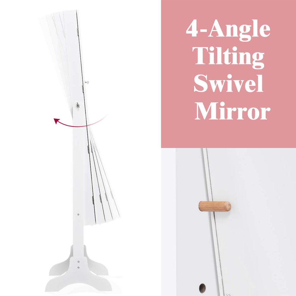 Lockable Standing Jewelry Armoire with Full Length Mirror, White