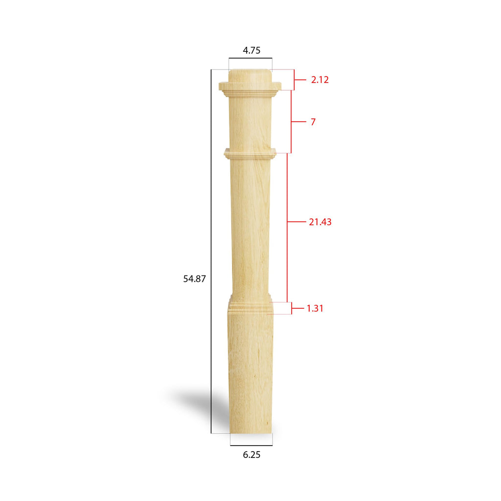 Poplar Box Newel Post 6.25" x 54.8", Hollow Box Newel Wood Balusters for Staircase Interior, Square Design, 3⁄4"