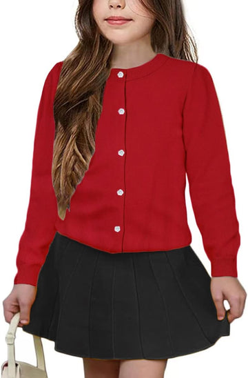 Girls' Cardigan Sweater [Cute Petal Buttons] Cotton Long Sleeve Crewneck Uniform Sweater for Girls