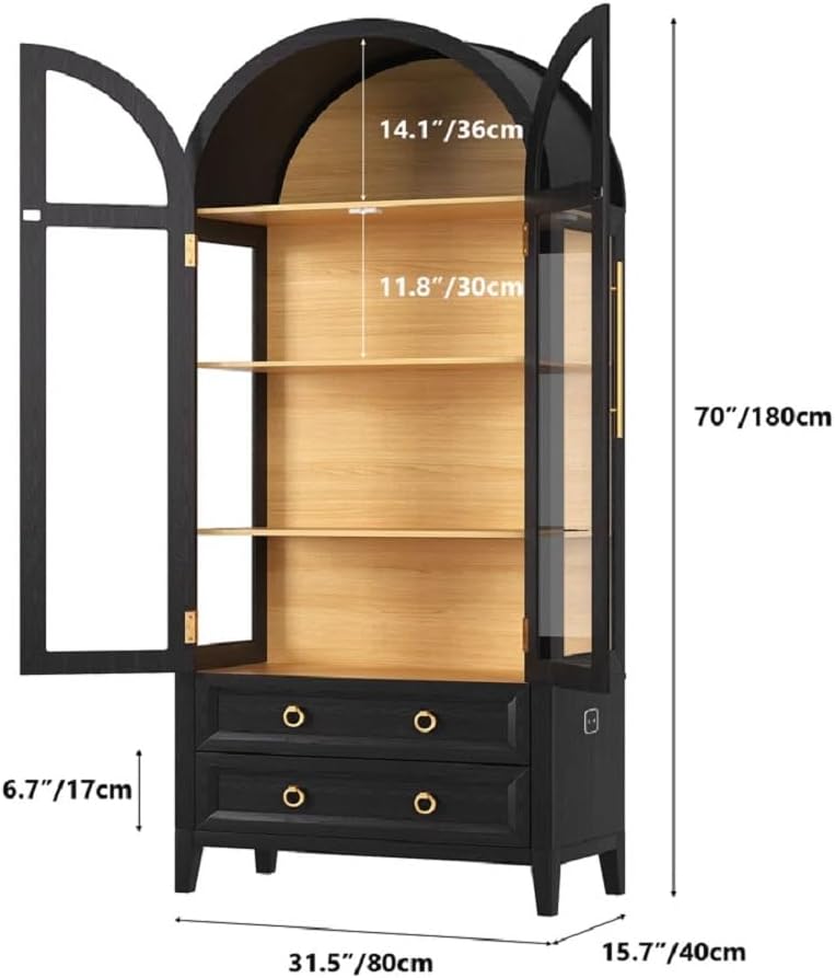 Arched Curio Cabinet with Glass Doors, 4-Tier Display Cabinet with 2 Drawers, Tall Bookcase with 3 Color Lights