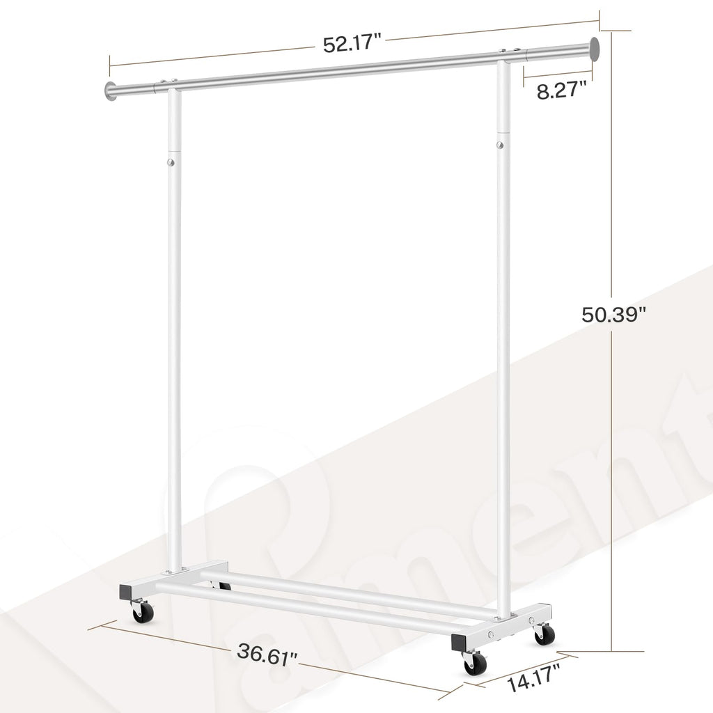 Clothes Rack, 130LB Capacity Heavy Duty Clothing Rack with Wheels and Bottom Shelf, 52.17 Inch Rolling Racks for