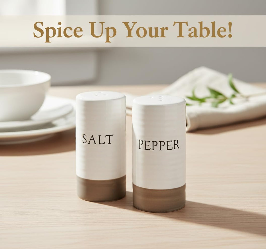 Farmhouse Mini Ceramic Salt and Pepper Shaker Set - Cute Kitchen Table Accessories and Decor, Small 3-Inch Modern - Set of 2