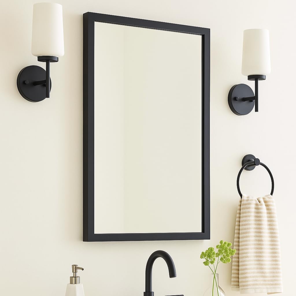 Black Metal Framed Recessed Bathroom Medicine Cabinet with Mirror Rectangle Beveled Vanity Mirrors for Wall 16 x 24