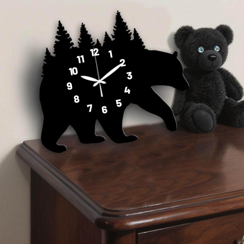 Bear Carrying Forest Pattern Wall Clock 15.2 Inch Wood Grain Non-Ticking Irregular Shape Clocks Wall Hanging Clock