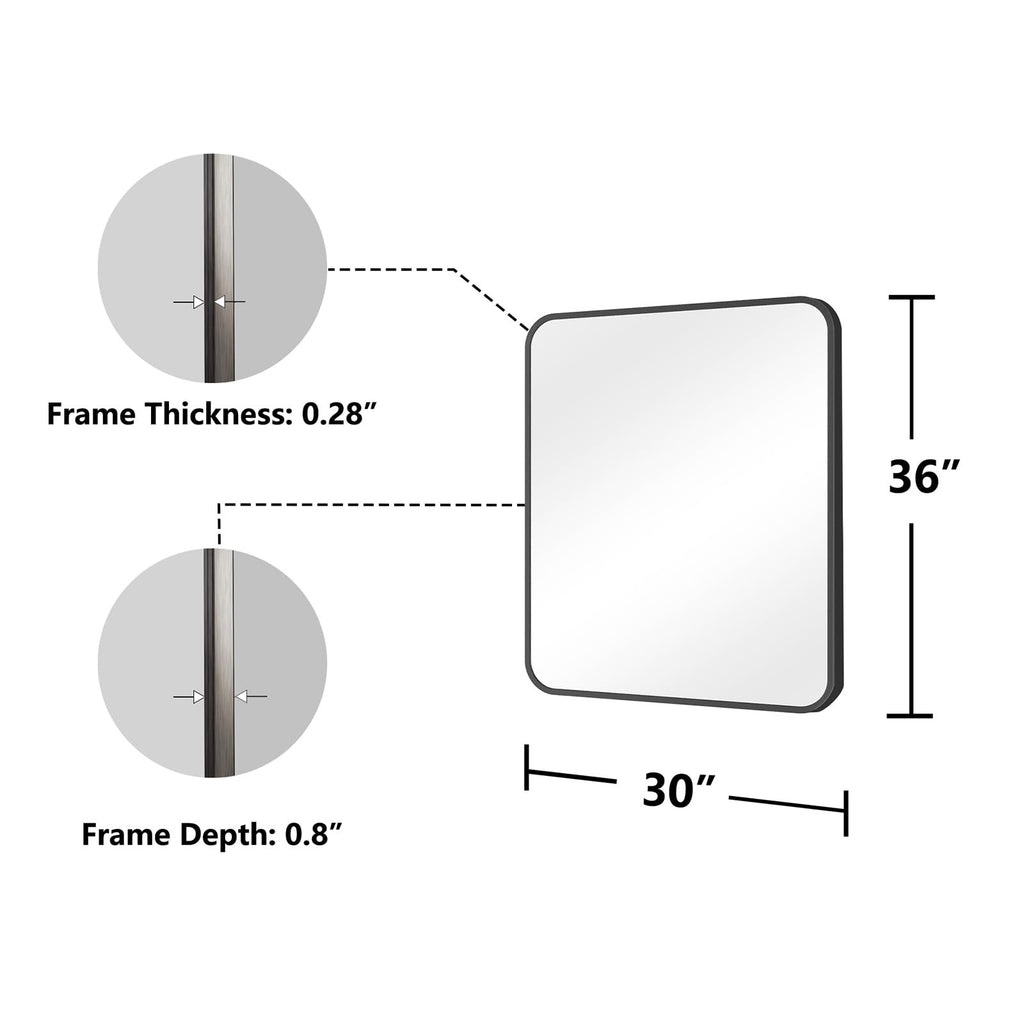 Bathroom Mirror, 30X36 Inch Black Metal Framed Mirror, Tempered Glass, Anti-Rust, Rounded Rectangle Mirror for