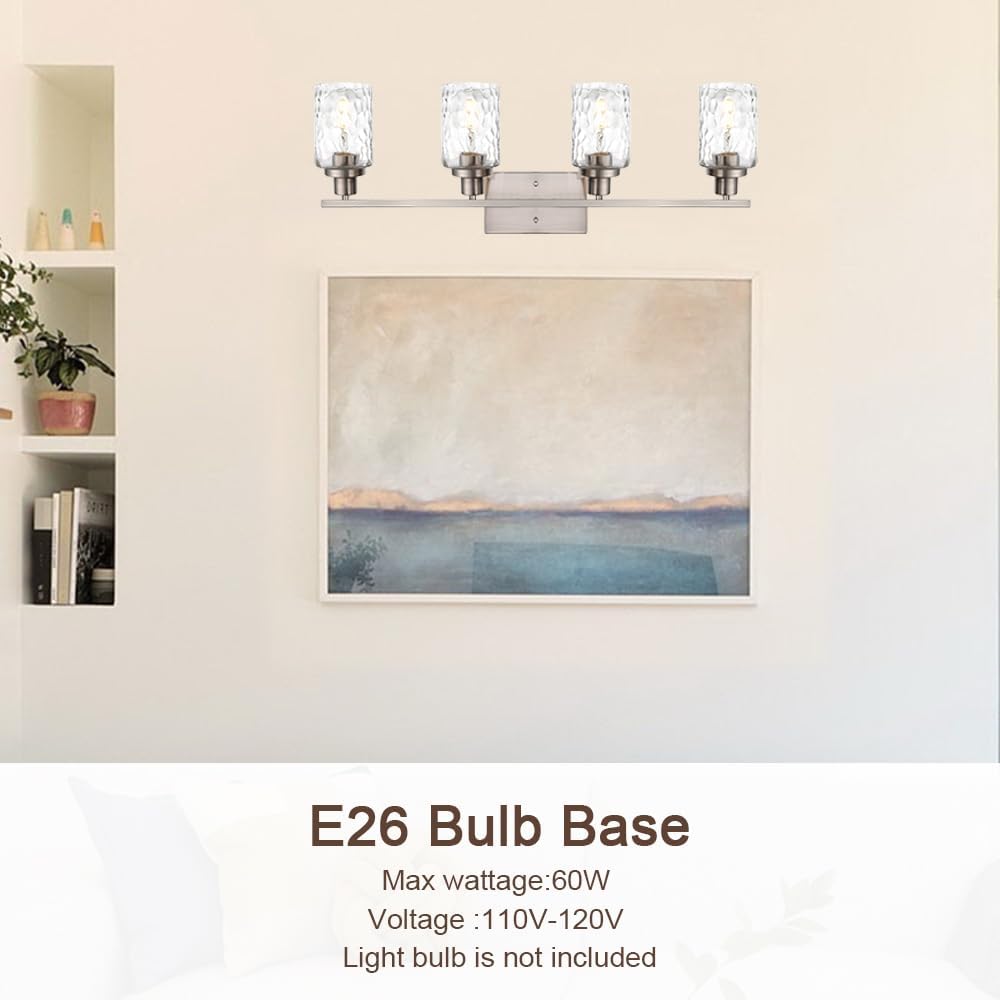 Brushed Nickel Bathroom Vanity Light with Clear Hammered Glass | 4-Light Wall Light Fixtures Modern Wall Lamp for