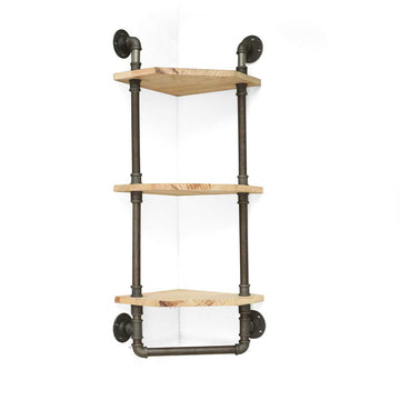 Industrial Pipe Shelf, Rustic Corner Shelves with Towel Bar, Bathroom Shelves Wall Mounted, 3 Tiered Metal&Real Wood