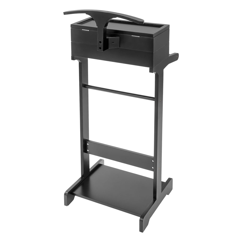 Valet Stand with Drawer and Top Tray, Wood Mens Suit Valet Stand with Wood Base, Freestanding Clothes Valet Stand