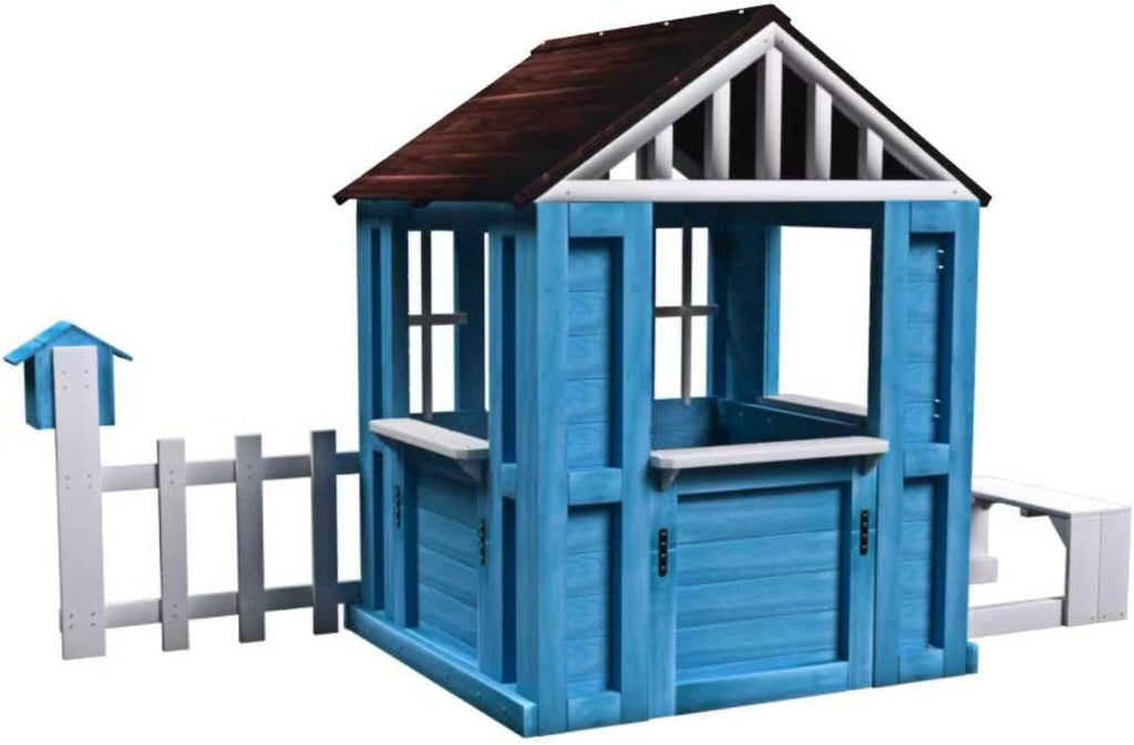 Playhouse foe 3-6 Ages Boys Girls, Wooden Playhouse with Bench Fence Windows Flowerpot Holders & Snack Window, Solid