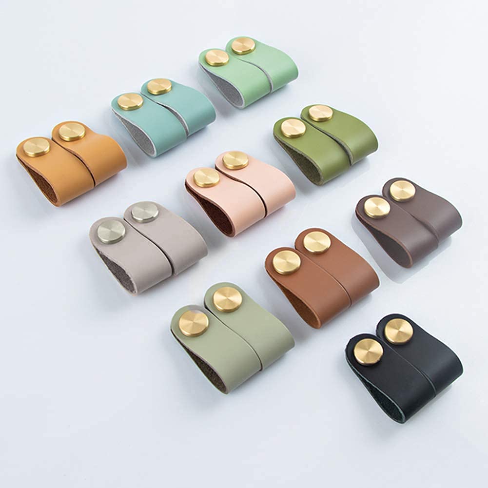 2Pcs Genuine Leather Dress Drawer Pull Loop Cupboard Handles Mordern Cabinet Knobs with Screws Kitchen Living Room