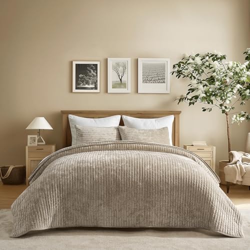 Stripe Channel Velvet Quilt Set, Beige Taupe – Luxury Plush Bedspread Coverlet with 2 Shams