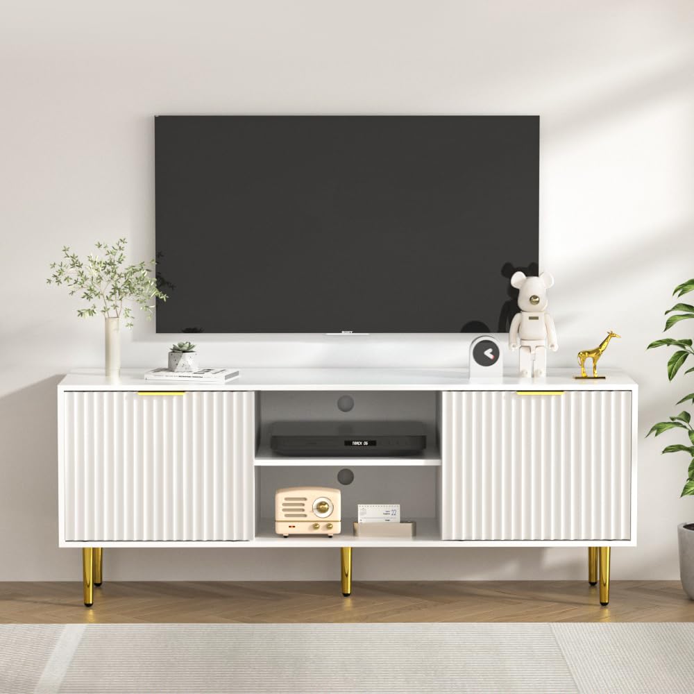 58'' Fluted TV Stand, Mid-Century Modern TV Console for 65/70/75 Inch TV, Wood Entertainment Center with Storage
