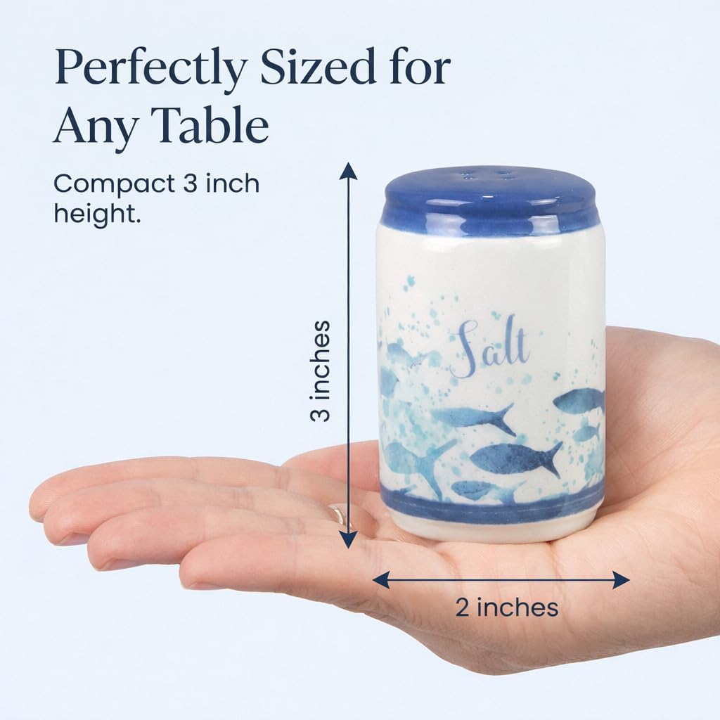 Beachy Blue Fish & Ocean Waves Ceramic Salt & Pepper Shakers - Set of 2
