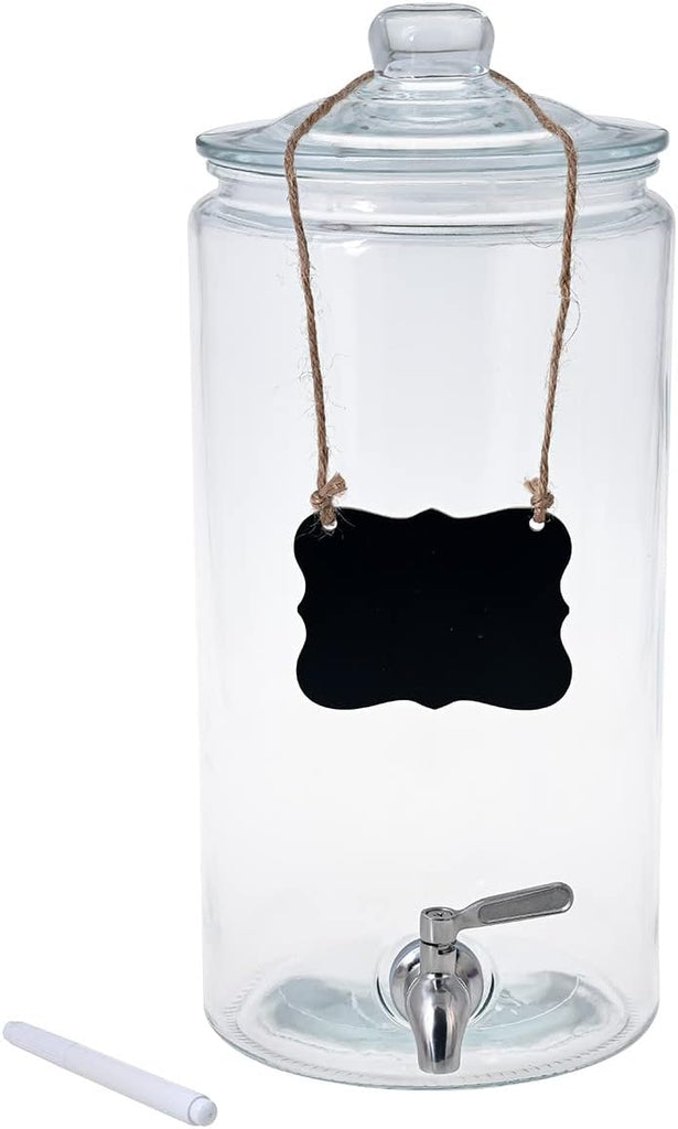 2 Gallon Beverage Serveware with Stainless Steel Spigot + Marker & Chalkboard 100% Leakproof Glass Drink Dispenser