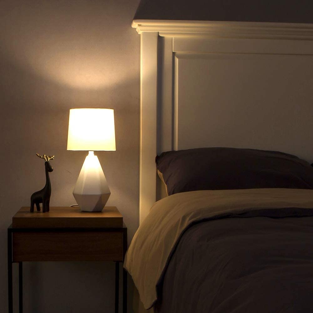 15" Modern Small Ceramic Table Lamp, White Irregular Geometric Bedside Table lamp, Nightstand Lamps with White Fabric