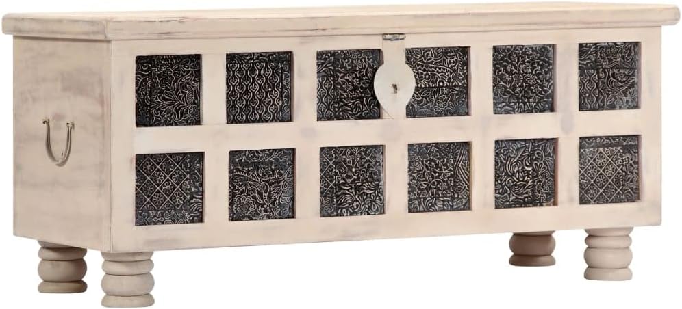 Wooden Storage Chest 43.3 inch, White Acacia Wood Trunk with Carved Panels, Large Decorative Blanket Storage Box