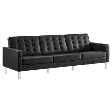 Loft Tufted Button Faux Leather Upholstered Sofa in Silver Black