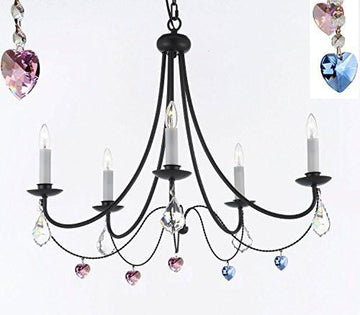Empress Crystal (Tm) Wrought Iron Chandelier Chandeliers Lighting H22.5" X W26" With Blue And Pink Heart Crystals - J10-B85/B21/B7/26031/5