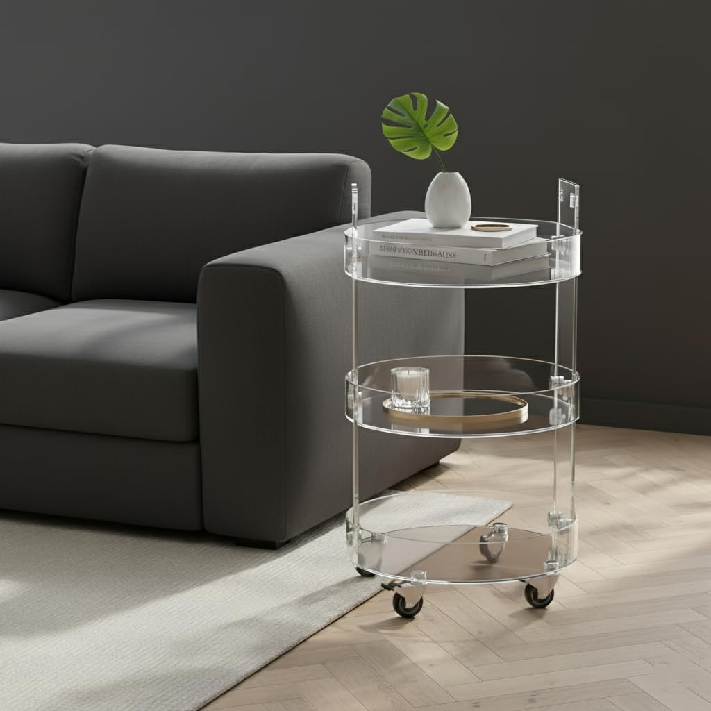 Round Acylic Serving Cart ,Acylic Side Table on Wheels,Rolling Beverage Storage Shelf Dining Room (2615 (3-Layer))