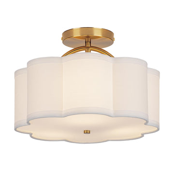 Semi Flush Mount Ceiling Light, 11.8" Modern 3-Light Fixture with Petal-Shaped Cream White Fabric Shade and Golden