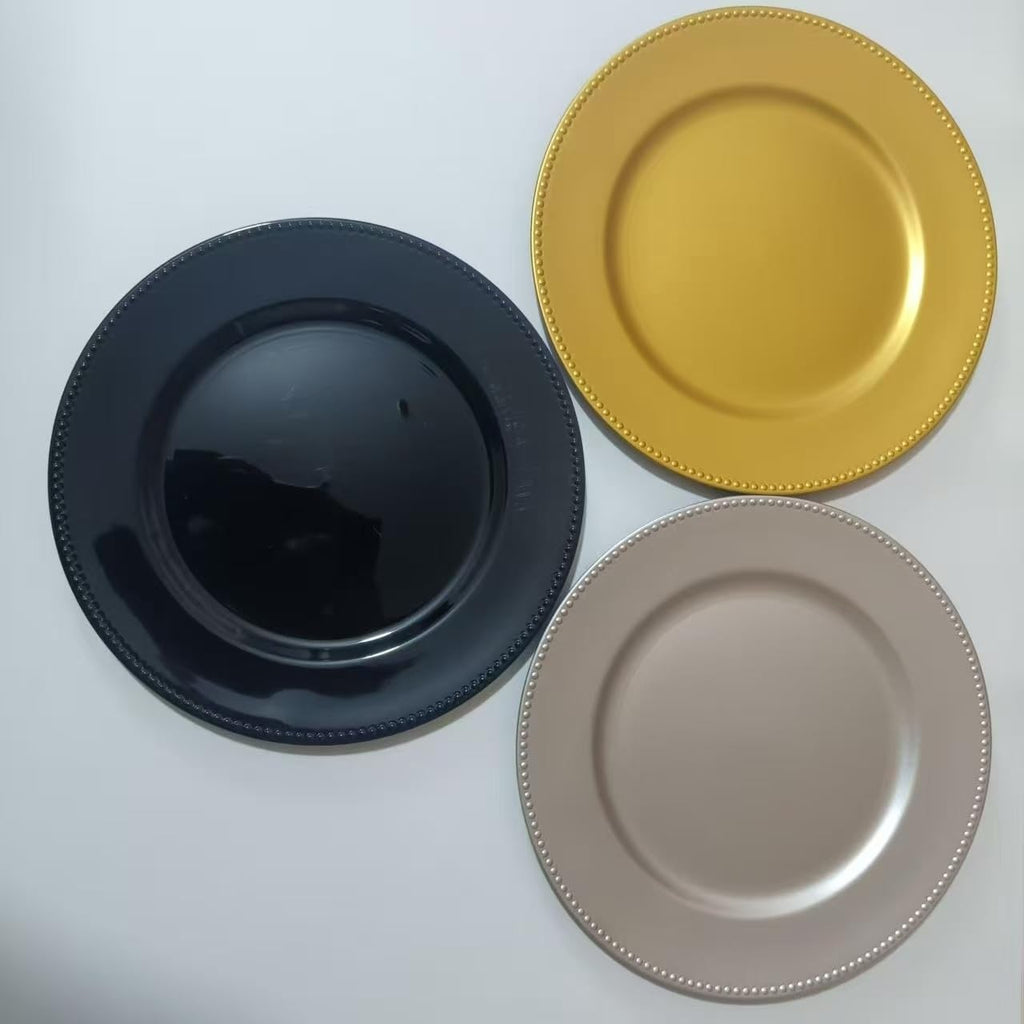 6 Pcs Elegant Plastic Beaded Charger Plates - Round Black Wedding Party Dinner Decorative Plate Set, Durable for