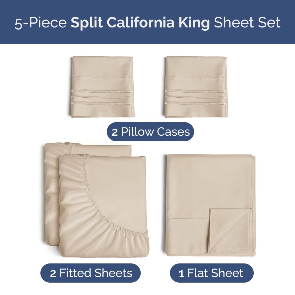 Split California King Bed Sheet Set - 5 Piece Split Cal King Sheets - Wheat