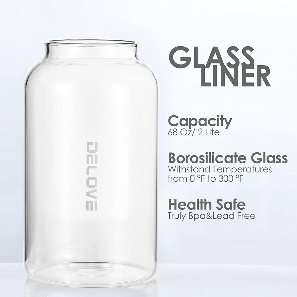 68 oz/2 Liter Glass Pitcher with Shatterproof Shell - Heat Resistant Glass Liner - Stainless Steel Lid - Carafe & Jug